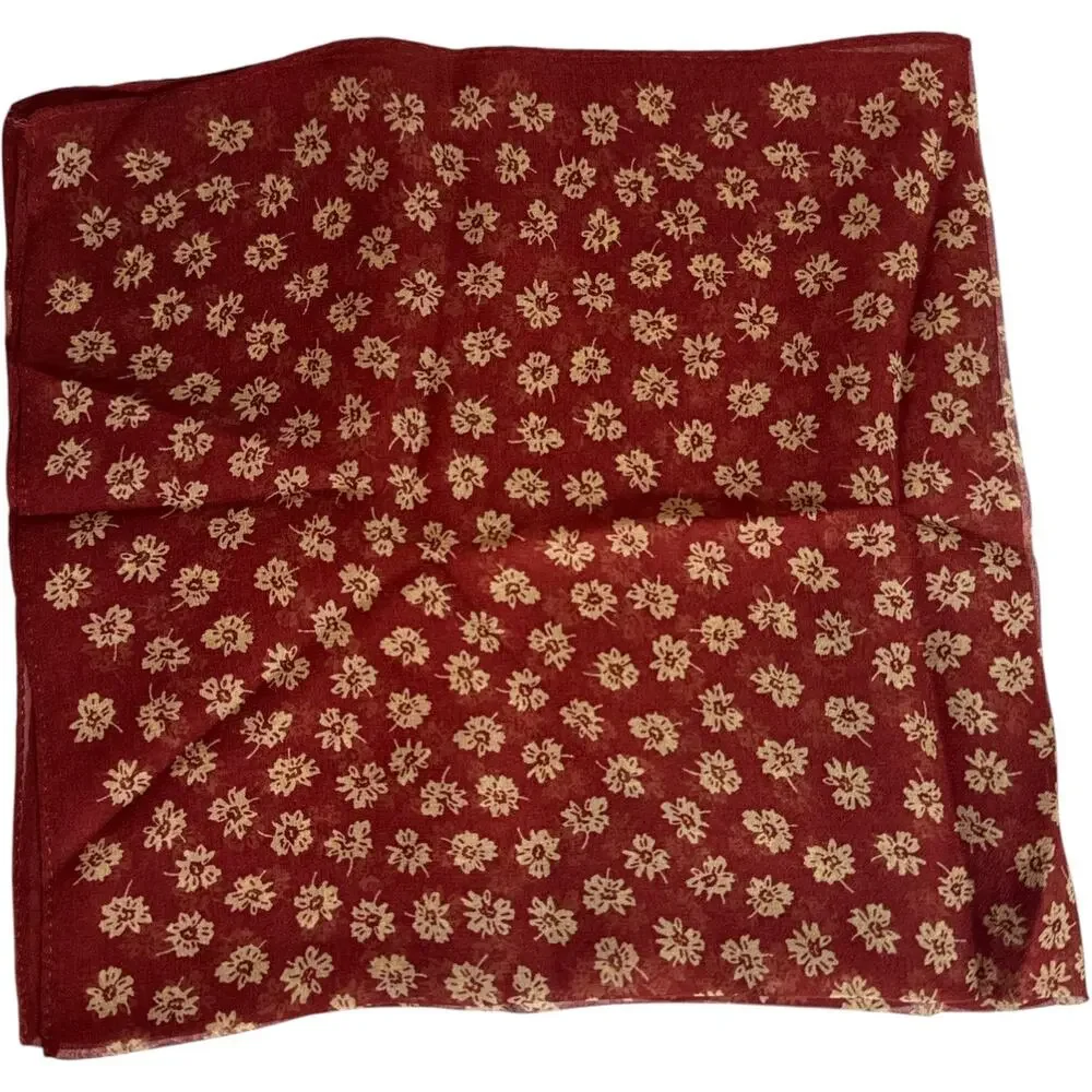 Silk Chiffon Floral Print Scarf 21” Square Burgundy Ivory Sheer Boho